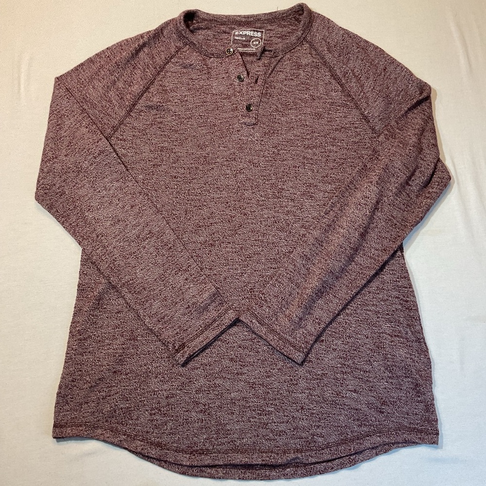 Express Mens Heather Maroon Long Sleeve Open Neck Shirt, Size M 1/4 Button‎